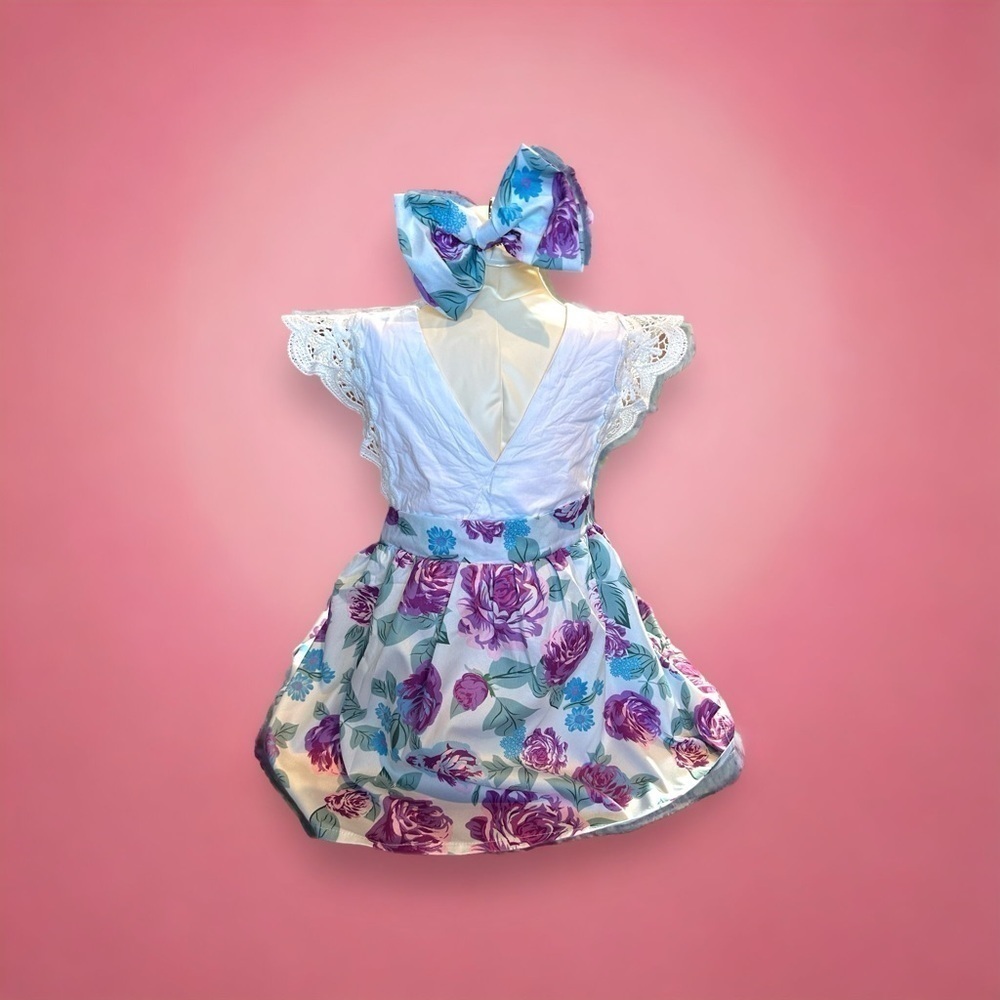 Girl high low‎ dress v neck with floral skirt and crochet accents size 24…